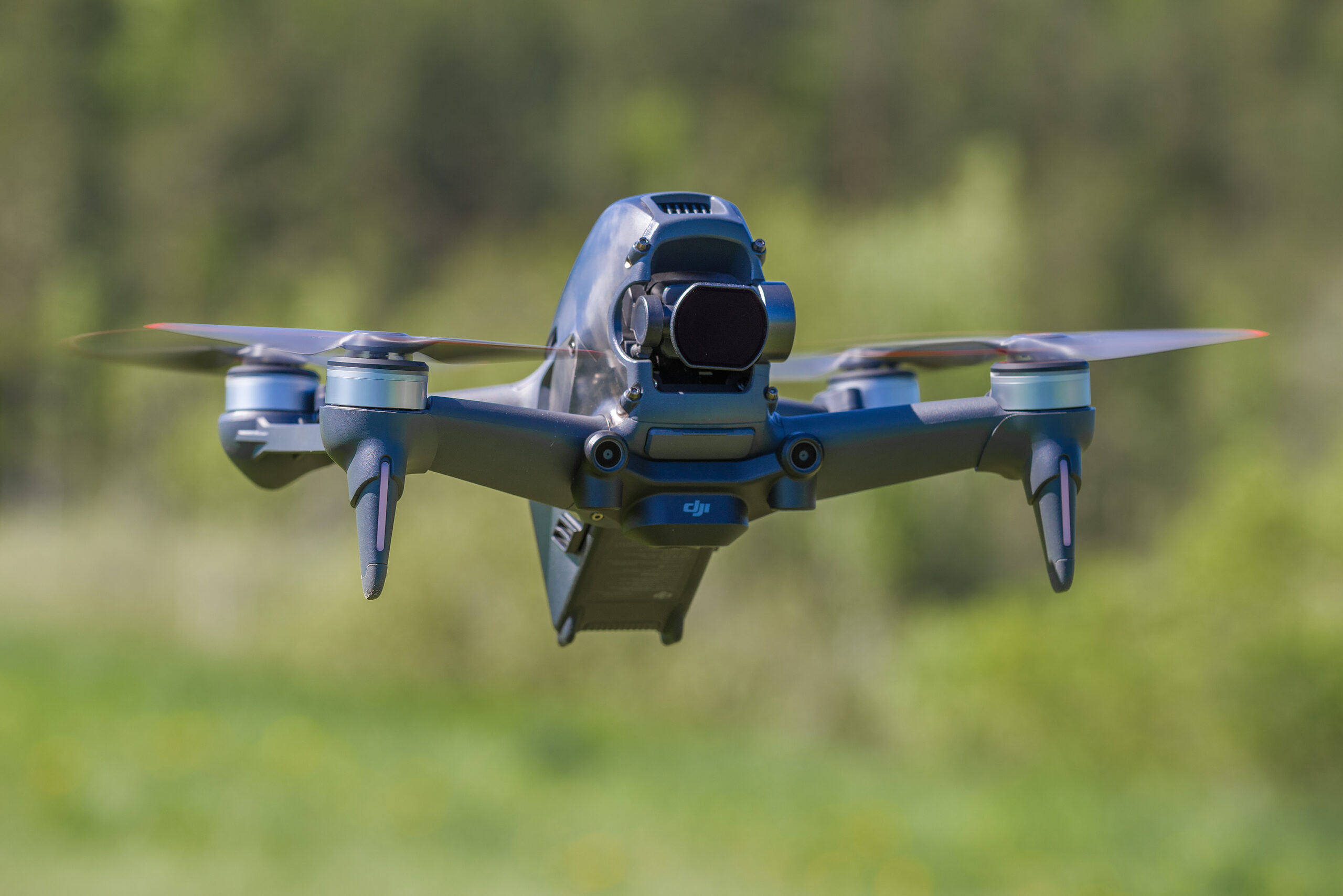 LENINGRAD REGION, RUSSIA - MAY 30, 2021: DJI FPV Drone in flight. Front view