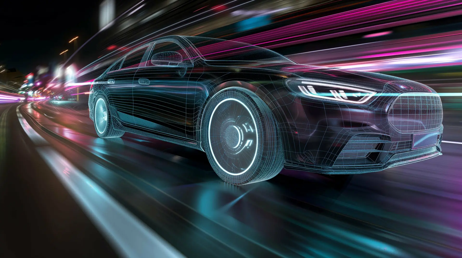 concept de véhicule futuriste en 3D filaire en mouvement dans les lumières de la ville