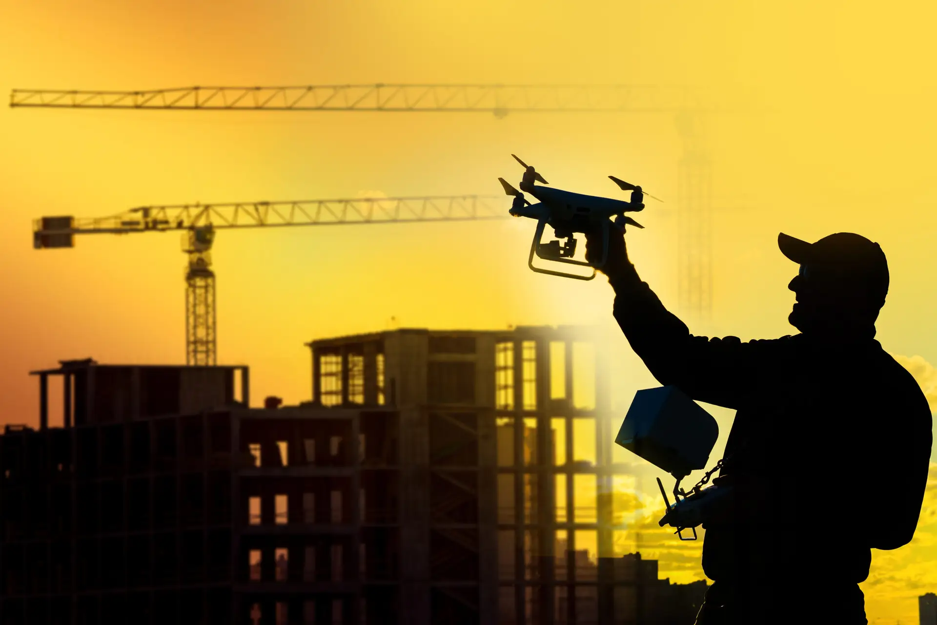 Man launches a quadcopter. Human with a drone in his hands next a construction site. Concept - construction observation with a drone. Control a erection of buildings with a drone. Construction cranes